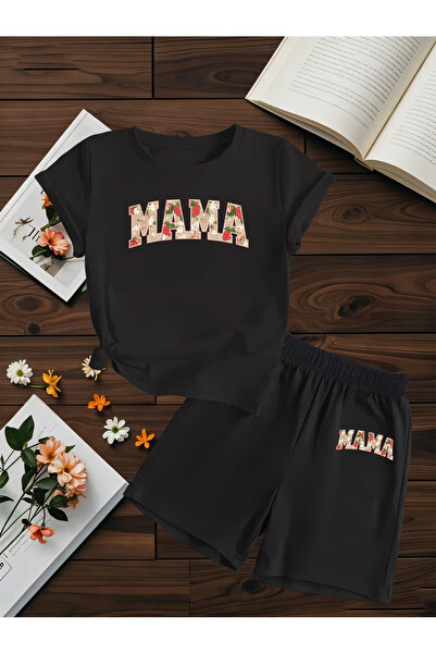 Flow touch تي شيرت MAMA - طقم بدلة رياضية مع شورت مطبوع مقاس كبير برقبة دائرية