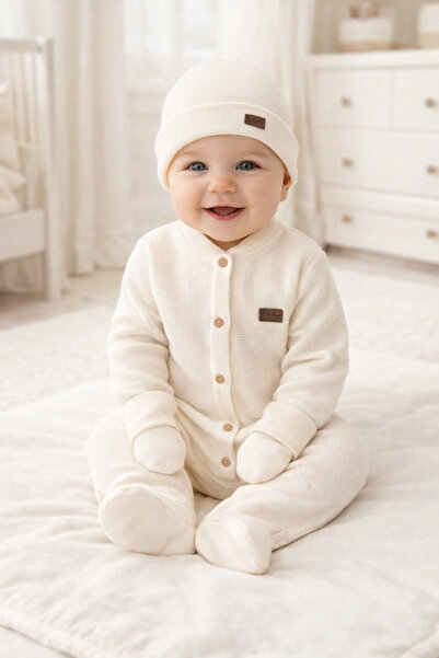 Arin Baby Waffle Fabric Ecru Color 5-Piece Unisex Baby Romper with Blanket / ...