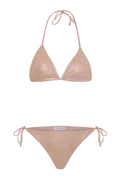 AQUELLA طقم بيكيني مثلث وردي بطبعة ذهبية لاميه