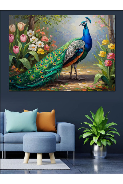 Artmeg Pânză decorativă cu păun magnific în mijlocul trandafirilor - Tablou d...