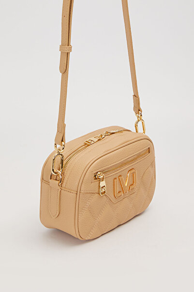 Levidor Çift Askılı Kapitone Desenli Logo Detaylı Günlük Kadın Omuz Çantası Bej