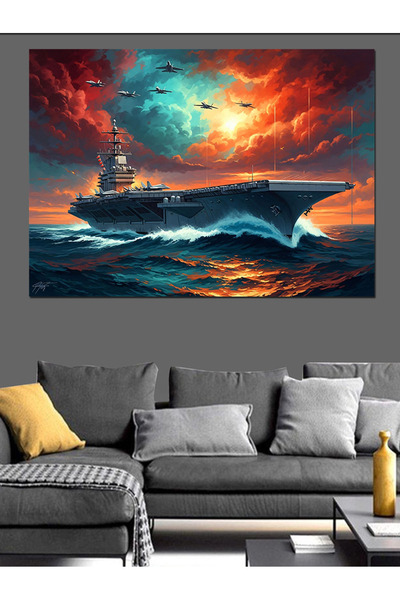 Artmeg Pânză decorativă cu portavion gigant pe mare furtunoasă - Masă din lem...