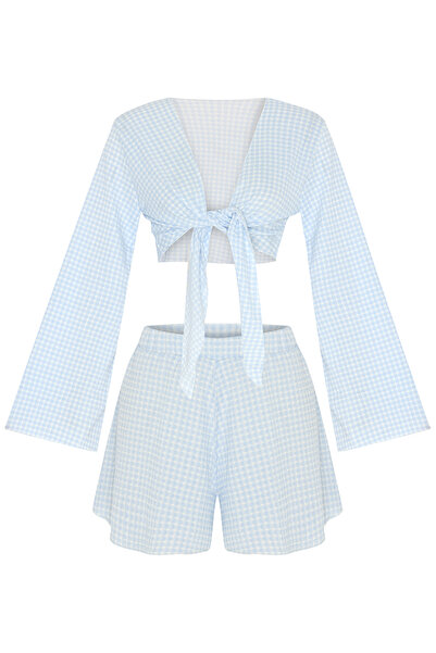AQUELLA Baby Blue Gingham Piece Cropped -Top Shorts Set