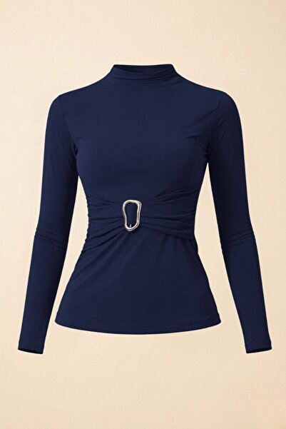 Potenza Women's Blouse Long Sleeve Waist Gold Buckle Detail Sandy Fabric Stre...