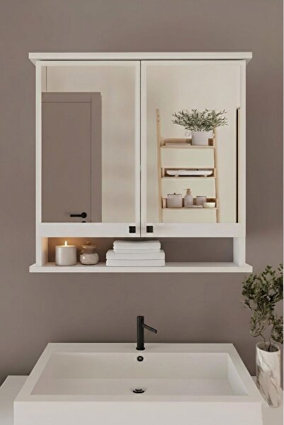 Orysa Design AD-3 Raflı Banyo Dolabı, 2 Kapaklı Lavabo Üstü Aynalı Banyo Dola...