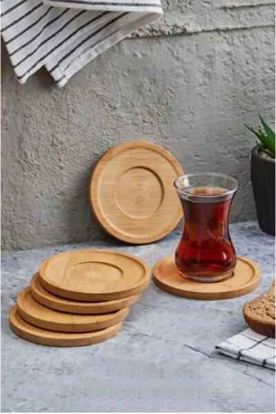 QesQin Bambu Çay Tabağı 6’lı Set | Yuvarlak Ahşap Bardak Altlığı Takımı