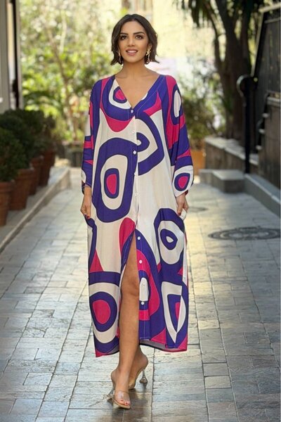 Nevin Kaya Moda Μωβ Σχέδιο Κακού Ματιού Πουκαμισοφόρεμα