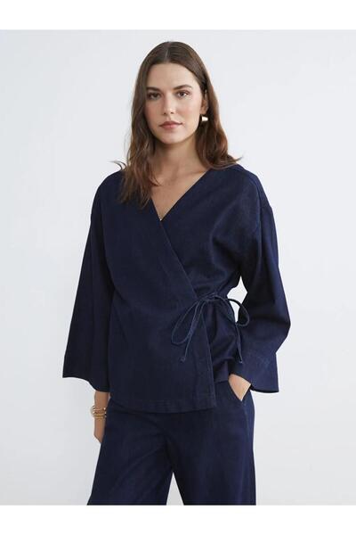 LC Waikiki Indigo Double-Breasted Collared Women's Jean Kimono (S6)