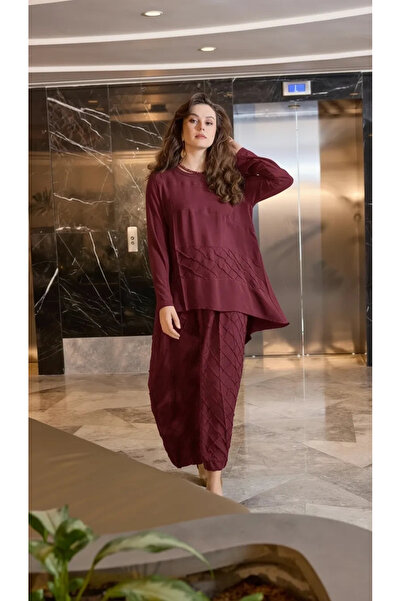 MissWhence Cupra Silk Skirt Blouse Set 39002 Burgundy