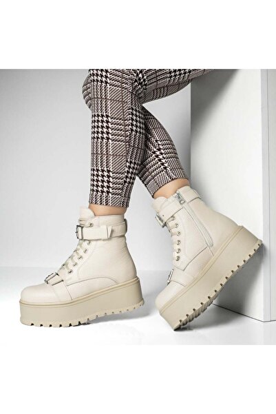 Modlet.ro Women's beige thick-sole boots with zipper made of leather MOD14103