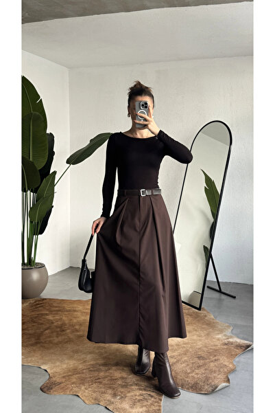 asfamoda Women's Brown Maxi Size Belt Long Skirt Women's High Waist Pleated