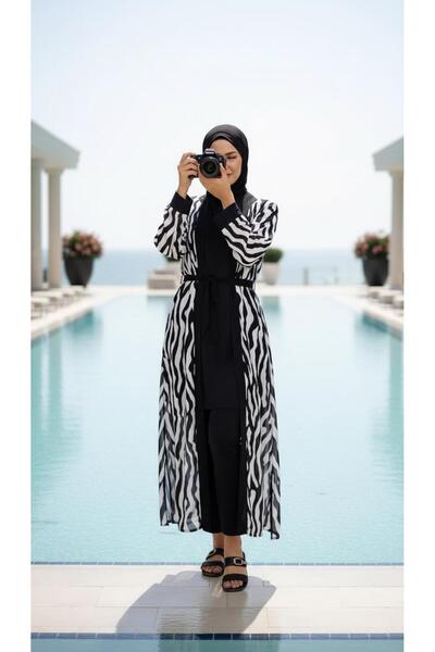 new ats Hijab Black and White Patterned Islamic Swimwear Set Kimono Pareo Set...