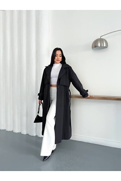 AL&SU BUTİK Γυναικεία μακριά καμπαρντίνα oversize με κουμπιά μπροστά, ζώνη κα...