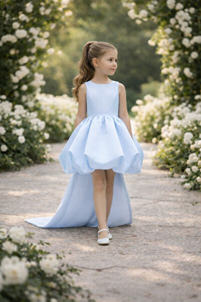 NSMLİFE Rochie albastră din satin pentru fetițe cu fundă mare, rochie de nunt...