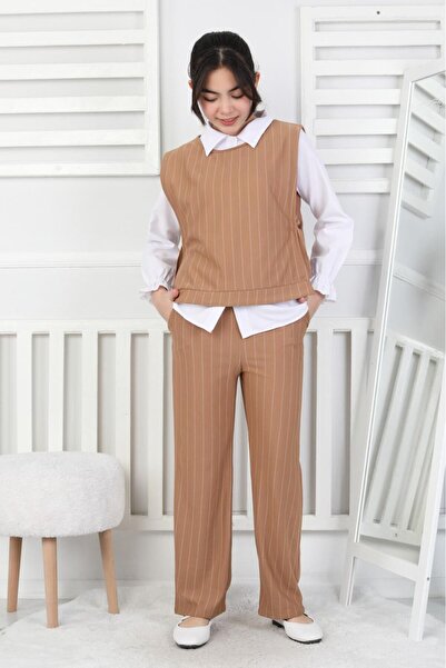 Girl Zara Crepe Striped Trousers & Sweater Stylish Triple Set (Shirt Detailed)