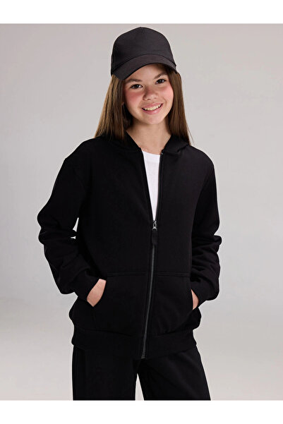 LC Waikiki LCW Kids Siyah Uzun Kollu Kız Çocuk Fermuarlı Sweatshirt