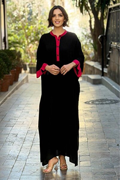 Nevin Kaya Moda Rochie neagră fucsia cu secțiuni bumbac 100% Mărime mare