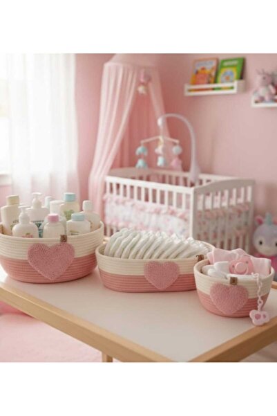 MOTTOMOR Çok Amaçlı Dekoratif Pembe Mavi Kalp Sepetler 3'Lü Havlu Düzenleme S...