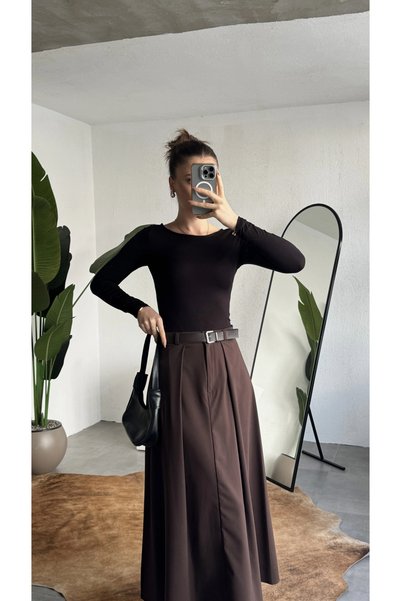 asfamoda Women's Brown Maxi Size Belt Long Skirt Women's High Waist Pleated
