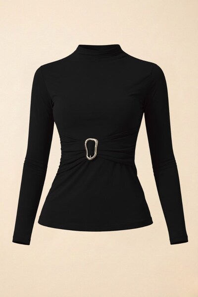 Potenza Women's Blouse Long Sleeve Waist Gold Buckle Detail Sandy Fabric Stre...