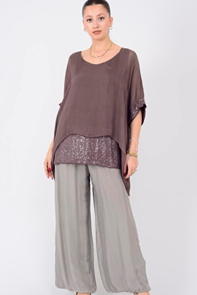 AYASOFYA OTANTIK Women's Italian Brown Sequin Detailed Bat Sleeve a Lined İ S...