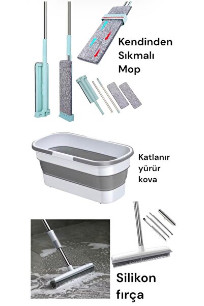RSC MARKETİM Banyo SET / Kendinden Sıkmalı Mop / Kauçuk Uçlu Teleskopik Saplı...