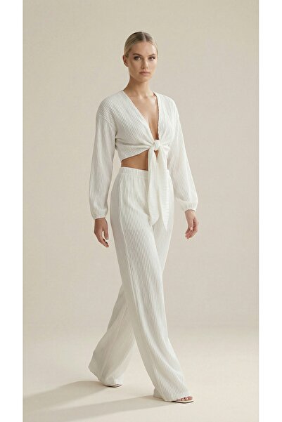 NİCE Women's White Bürümcük Textured Tie-Detail Cropped Blouse High Waist Wid...