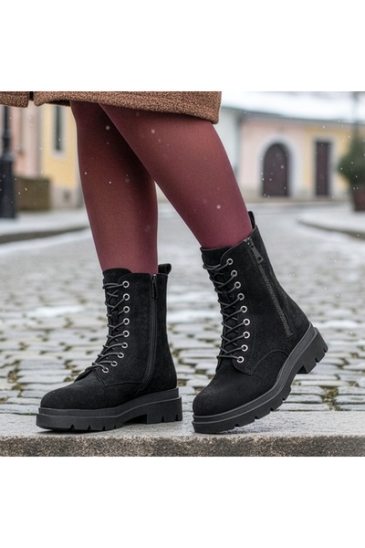 Modlet.ro Γυναικείες μαύρες μπότες με κορδόνια και φερμουάρ MOD06661