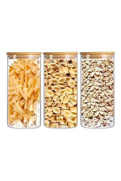 bgm طقم برطمانات تخزين زجاجية بأغطية من بامبو - 3 قطع، شفاف/بني، 900 مل