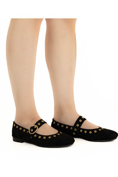RMY SHOES Women's Black Buckled Troklu Ballet Flats Shoes