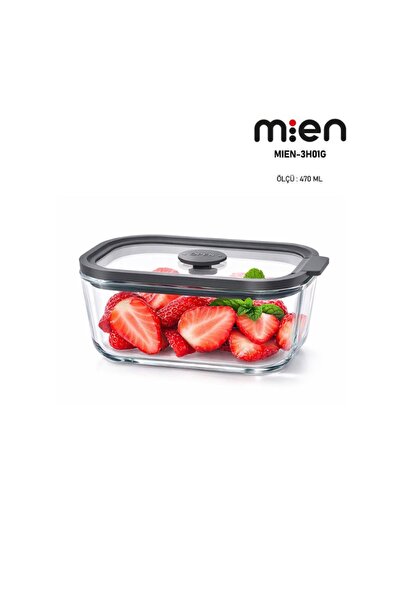 MİEN 470 ml Glass Storage Container with Leak-Proof Lid - Gray