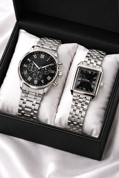 Eloura Accessories Çift Saat Seti Siyah Kadran Çelik Kordon Erkek & Kadın Saa...