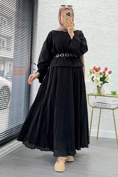 MELEK ARAZ Premium Vual Crush Skirted Double Suit Set – Black