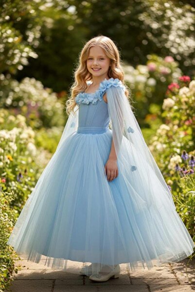 moona kids 4-10 Yaş Kız Çocuk Kolları Tül Çiçekli Abiye