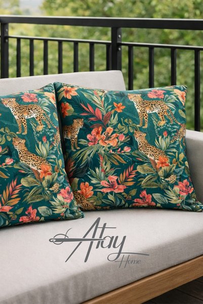 Atay Home Leopard Patterned Decorative Throw Pillow Cover Double Sided 43X43 cm – Tropical Leaf Modern Sofa Cushion Cover
