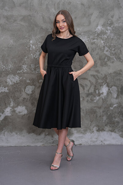 MAG FASHİON Black Plus Size Dress with Elastic Waist Pocketed Batwing Sleeve ...