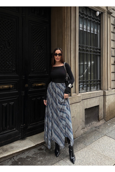 Fav Style Women's High Waist Patterned Lined Long Tulle Skirt Gray