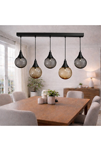 akyzlighting 5'li Sıralı Yemek Masası Glop Cam Sarkıt Siyah Avize