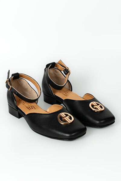 ERS Air Comfort Siyah Hakiki Deri Düz Kare Burunlu Bilekten Bağlamalı Toka De...