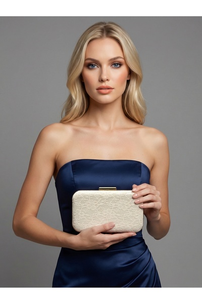 Biçanta فستان سهرة نسائي بلون إكرو مطرّز بالدانتيل Z حمالة سلسلة i حقيبة لحفل...