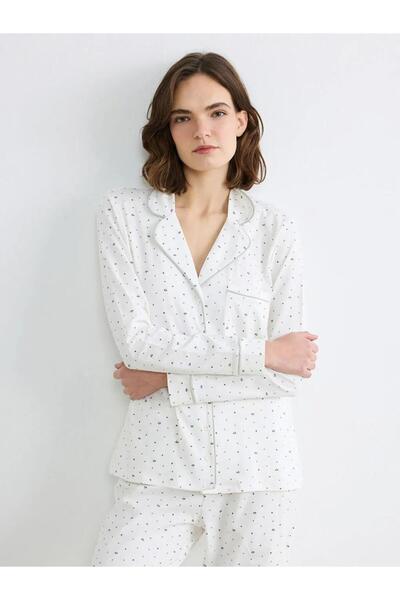 LC Waikiki Εκρού Πουκάμισο με Γιακά και Λουλούδια, Γυναικεία Πιτζάμα (S6)