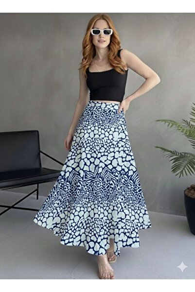 fayora Mavi Beyaz Desenli Uzun Bürümcük Kloş Çan Etek