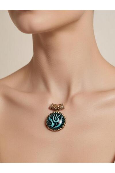 naturel glow Gold Çerçeveli Yeşil Malakit Desenli Kolye Ucu – Bohem Doğal Taş...