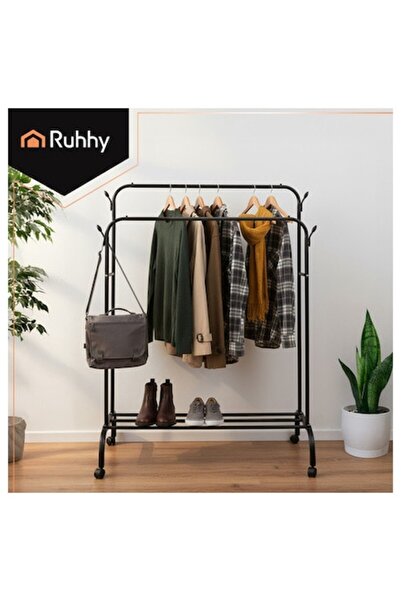 Ruhhy Double Clothes Rack, Metal, Mobile with Wheels 360°
