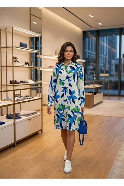 Polologin Butik Plus Size Beige Blue Green Leaf Patterned Viscose Tunic