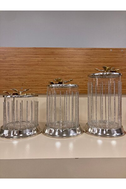 PLUS HOME Jar 3-Piece Brass Butterfly Model Lid Silver Stone Heights 22-18 an...