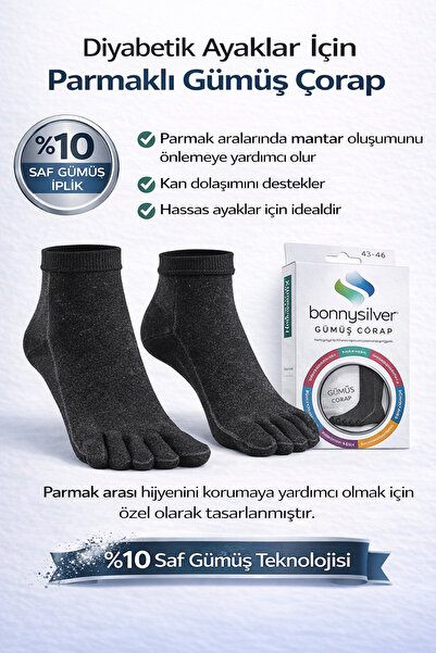 Fizyo Mantar Önleyici Parmaklı Patik Kadın Siyah Gümüş Çorap