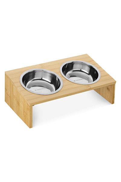 Navaris Set of 2 Cat and Dog Bowls with Bamboo Stand, 400 ml, Brown, 54489.01