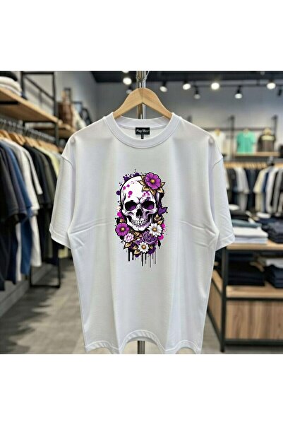 playwear Μωβ μπλουζάκι με στάμπα λουλουδιών κρανίου, 100% βαμβάκι, oversized,...