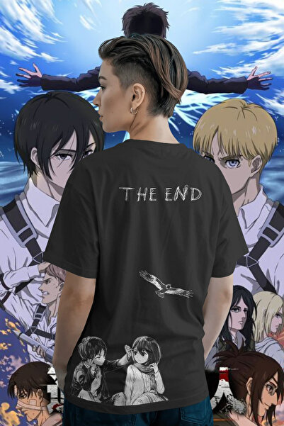 Ninkasiwear Attack On Titan Eren ve Mikasa Baskılı Siyah Oversize Tişört 24/1...